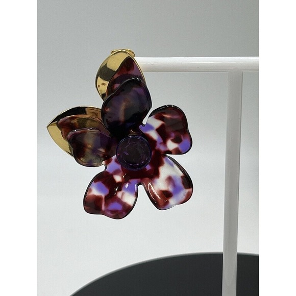 Kate Spade Large Purple Brown Floral PETAL PUSHER Gold Plated Statement Earring - Picture 6 of 15